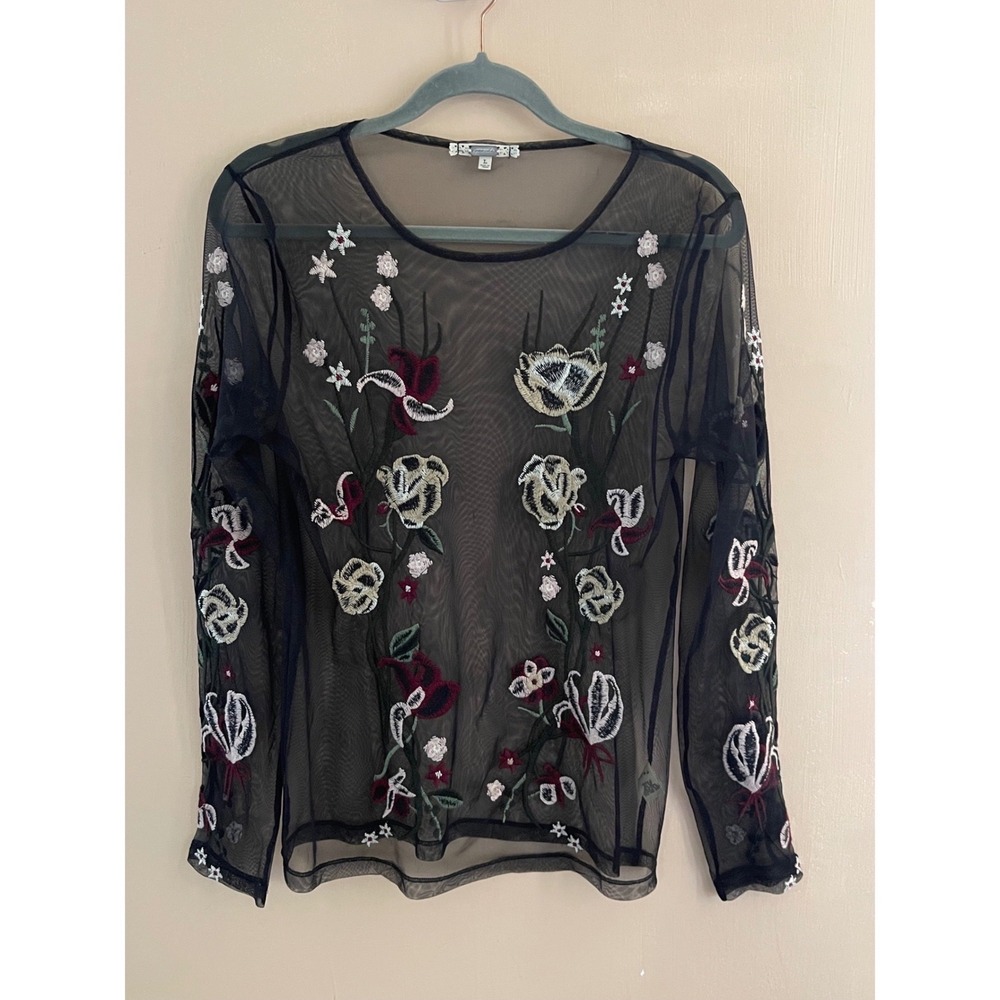 Gimmicks by BKE Black Sheer Mesh Floral Embroidered Top L-Romantic Goth - Picture 2 of 8